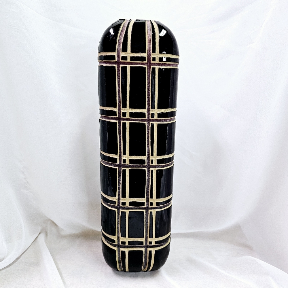 Vintage Black, Red, & Tan Plaid Etched Glass Tall Vase, Mid-Century Modern